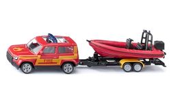 siku 1608, Land Rover Defender Camion Pompiers avec remorque et bateau, Voiture-jouet pour enfants, Métal/plastique, Rouge/jaune, Pneus caoutchoutés, Barres de signalisation bleues