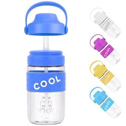 TITIROBA TKK Bouteille d'eau pour enfant avec couvercle anti-fuite et pailles Tritan sans BPA Bleu 500 ml