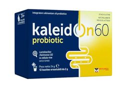 KaleidOn 60 probiotic orosolubile - Integratore alimentare a base di Lactobacillus rhamnosus GG che favorisce l'equilbrio della flora intestinale, 12 bustine da 2 g, peso netto 24 g.