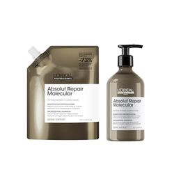 L’Oréal Professionnel Absolut Repair Molecular Shampoo & Refill Big pack bundle 1L (2x 500ml), For Extremely Damaged Hair, Molecular Bond Repair, restores strength & elasticity