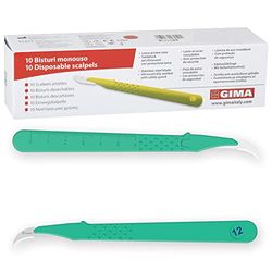 Gima - Bistouris en Acier Inoxydable, Manche en ABS, Stérile et Jetable, Premium, Protège-lame de sécurité, Taille n. 12, 10 scalpels emballés individuellement.