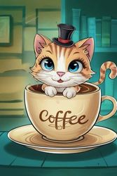 Coffee Cup Kitten Drawing, Writing Blank Pad: Composition book, Grid Paper Notepad, Notebook