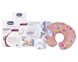 Chicco Kit Mamá Post Parto Completo incluye Compresas, Bragas Desechables, Discos de Lactancia, Toallitas, Sacaleches Manual, Recipientes Leche Materna y Cojín Lactancia Boppy, Blanco