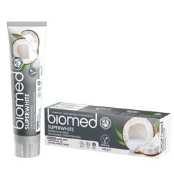 Biomed Dentifricio naturale al cocco Superwhite per sbiancamento delicato, gusto tropicale - 100 g (confezione da 1) - Nuova formula e sapore (la confezione può variare)