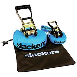 Slackers USA Slackline Classic 15 m, com linha de ensino adicional, corrimãos para facilitar a aprendizagem, proteção com catraca, bolsa, ideal para crianças e famílias, 980010