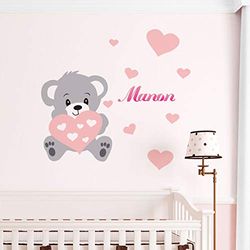 Ambiance Sticker Autocolantes personalizados com nome personalizado, design de urso, decoração de parede para quarto infantil bebé, 2 folhas de 30 x 35 cm e 50 x 30 cm, tom de rosa