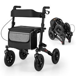 FANTASK 2-in-1 rolstoel & reisrollator, zwarte reisrollator met hoogteverstelsysteem, rollator van aluminium met opvouwbaar design, rolstoel met tas en stokhouder