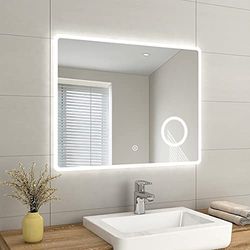 EMKE LED Bathroom Mirror with Shaver Socket 900x700mm, Bathroom Mirror with LED Lights, Backlit Wall Mounted Smart Mirror with 3X Magnifier, Touch Sensor, Dimmable, Horizontal