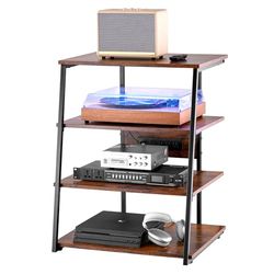 VEVOR Visueel audiomeubel met 4 niveaus, multimedia-rek van hout, hoektv-houder met meervoudige stopcontacten en led, in hoogte verstelbaar, voor dvd-spelers/kabeldecoders/spelconsoles, bruin