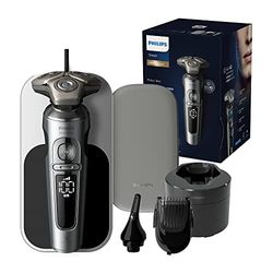 Philips Serie 9000 Prestige Afeitadora Eléctrica Hombre,Máquina de Afeitar Barba con Barbero, 60min de uso, En Seco y Húmedo, Recargable, Centro de Limpieza, Base Carga QI, Naricero, SP9885/35, Cromo