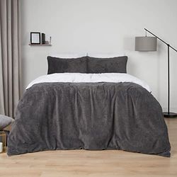 Brentfords Parure de lit réversible en Polaire avec Housse de Couette et taie d'oreiller Thermique en Polyester, Gris Anthracite et Blanc, Super King Size