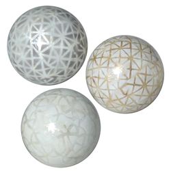 Set van 3 parelmoerballen versierd met tekeningen in zilver en goud, 10 cm