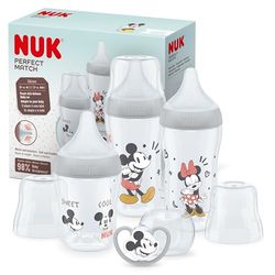 NUK Perfect Match Zestaw butelek dla niemowląt, 0-6+ miesięcy, pasuje do podniebienia dziecka, 3 butelki antykolkowe i smoczek Space, bez BPA, Disney Myszka Miki, 4 szt
