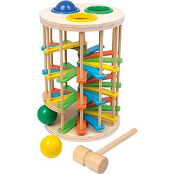 Small Foot Gran Torre de Madera para Golpear, Divertido Juego de Golpe con Tres Bolas y un Martillo, 6569 Bunt esférica Grande, Multicolor, Höhe 26cm, 18cm, Holzkugeln Ø ca. 4,5cm