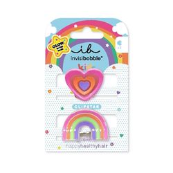 invisibobble CLIPSTAR GLOW KIDS HAPPY HEARTS Lot de 2 barrettes à cheveux lumineuses pour enfants – Design arc-en-ciel et cœur – Pinces à cheveux antidérapantes pour des cheveux sains – Parfait pour