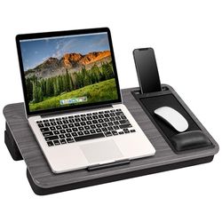 LAPGEAR Escritorio de Regazo Ajustable Extragrande con reposamuñecas de Gel, Alfombrilla para Mouse, Soporte para teléfono, repisa de Dispositivo y cojín Elevador, Grano de Madera Gris, se Adapta a