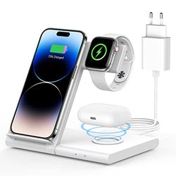 3 in 1 Caricabatterie Wireless Wireless Charger Rapido Supporto di Ricarica Wireless per iPhone 15/14/13/12/11/Pro/Max/XS/XR/X/8/Plus, compatibile con Apple Watch 9/8/7/6/SE/5/4/3/2 & AirPods 3/2/Pro