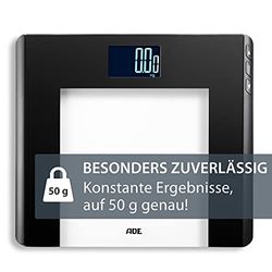 ADE Digitale weegschaal met BMI-berekening | nauwkeurig wegen in stappen van 50 g | groot verlicht display | 12 geheugenplaatsen | zwart