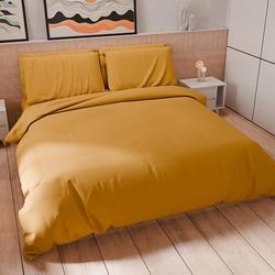 PETTI Artigiani Italiani - Dekbedovertrek voor Frans bed, dekbedovertrek en kussenslopen van microvezel, effen, okergeel, 100% Made in Italy