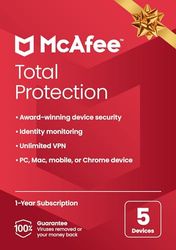 McAfee Total Protection 2023 | 5 Devices | Antivirus Internet Security Software | Unlimited VPN & Dark Web Monitoring Included | PC/Mac/Android/iOS | 1 Year Subscription | By Post