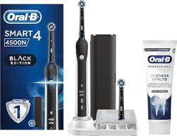 Oral-B Elektryczna szczoteczka do zębów Smart 4 4500N, 2 głowice, 1 szczoteczka do zębów, 1 etui podróżne i 1 pasta do zębów, bateria do 2 tygodni, czarna edycja