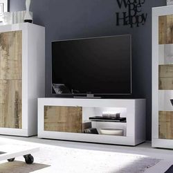 Dmora - Meuble TV Lesina, Buffet de Salon, Armoire Basse pour TV, Base Murale de Rangement, Made in Italy, 140x43 h56 cm, Blanc et Acacia
