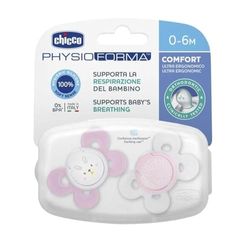 Chicco Chupeta physioForma conforto, chupeta de 0 a 6 meses, com cetina de silicone, mamilo macio, recém-nascido, ajuda à respiração física e promove o desenvolvimento correto da boca, rosa, 2