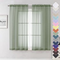 Lecloud Sage Green Sheer Curtains 63 Inch Long 2 Panels, Elegant Voile Drapes for Dinning Small Windows, Light Filtering Voile Curtain for Living Room Bedroom Bathroom, Dual Rod Pocket, 40" Wx63 L