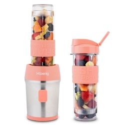 H.Koenig Mini Frullatore per SMOOTHIE Compatto 570mL SMOO10 Senza BPA Potente 300W, Frullatore per smoothie e frullati 2 Bottiglie Portatili con coperchio, 4 Lame in acciaio Inox, Corallo