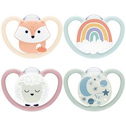 NUK Space Day & Night Tetine pour bébé | 0-6 mois | Sucettes phosphorescentes avec aérations extra-larges pour les peaux sensibles | Silicone sans BPA | Renard & Mouton | Lot de 4