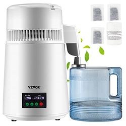 VEVOR Destilador de Agua 4L Filtro de Destilación de Agua con Recipiente de Plástico 750W 1L/H Ajuste de Velocidad, Destilación Filtro Purificador 7,9lbs de Acero Inoxidable con Pantalla Doble, Blanco
