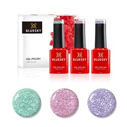 Set nagellak in bluesky gel, Snow Angel G5SN04, Go Sliding E5SN03, laat het sneeuw G5SN05, 3 x 5 ml, roze, groen, paars, glitter, sneeuwval (vereist een verharding onder LED/UV -nagellamp)))