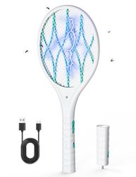 AROEVE Raqueta Mosquitos Electrica, 4000V Raqueta Matamoscas Electrica, Carga USB, Luz LED, Linterna Desmontable, Protección de 3 Capas, Doble Interruptor, Hogar, Jardín, Blanco