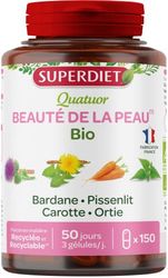 SUPERDIET - QUATUOR BEAUTÉ DE LA PEAU BIO - Bardane, Ortie, Pissenlit, Carotte -Phytothérapie -Fabrication Française - 150 gélules