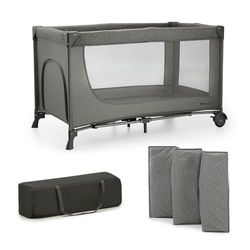 Kinderkraft JOY 2 Cuna de viaje 3 en 1 para Bebé de hasta 25 kg, Plegado rápido y fácil, Entrada lateral, Bolsa de viaje, Gris