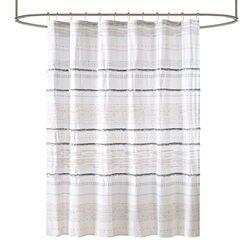 INK+IVY NEA 100% cotone tenda da doccia con nappe boho, stampa a righe, lavabile in lavatrice, arredamento moderno per la casa, bagno vasca da bagno, schermo privacy, 183,9 x 183,9 cm, bianco/grigio