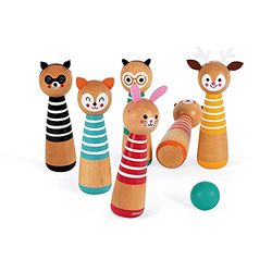Janod - Happy Garden - Mi Primer Juego de Bolos, Juego de Exteriores para Niños, 6 Bolos y 2 Bolas en Madera - Desde Los 3 Años, J03200