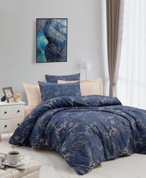 Nuit des Rêves Double Quilt Cover Set (200 x 200 cm), Mörkblå & Cream, 100% polyester microsatin och bomull 3D-tryck, dragkedjestängning, maskintvättbar