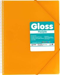 Grafoplás 39832560 Carpetas de fundas con tapas PP rígidas, A4, Color Mostaza, Espiral de PVC, Incluye sobre y Cierre con Gomas, 20 Fundas de Polipropileno Extra Cristal. Modelo Maxiplás Gloss