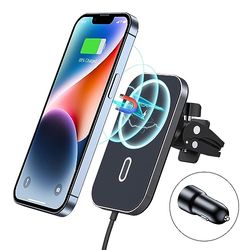 15W Cargador Inalámbrico Magnético para Coche Compatible con MagSafe Soporte para Coche Cargador Rápido,Cargador Inalámbrico para Coche Giratorio 360°para Salida Aire Compatible con iPhone 15/14/13/12