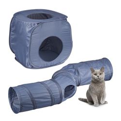 Relaxdays Tunnel de Jeu avec Grotte, pour Chat, Pliable, 2-en 1, système Pop-up, 4 Sorties, Niche, Petits Animaux, Gris