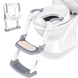 Zindelijkheidstraining toiletbril trainer: kindertoilet trainingszitje met opstapje - opvouwbare draagbare potjesstoel met verstelbare hoogte ladderbescherming handvat zacht kussen wit voor baby,