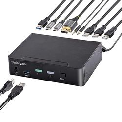 StarTech.com Switch Conmutador KVM USB C Tipo C, KVM de 2 puertos DisplayPort con Vídeo Sencillo UHD HDR de 4K 60Hz, Audio de 3,5mm, Hub 6x USB, Compatible con TB 3/4 (SV231DPUCA)