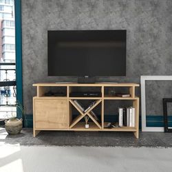 Hanah Home Stylowy dębowy stojak pod telewizor, 120 cm, 100% pokryta melaminą, grubość 18 mm, idealna dekoracja do kabiny/loży, funkcjonalny i elegancki design