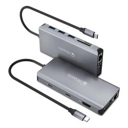 ATLANTIS A04-TC_DK46 dockingstation USB C (type C) naar HDMI 4K, VGA, Ethernet RJ45 Gigabit, 3 x USB 3.0, 1 x USB C, 1 x PD-85W, 1 x Audio IN/OUT 3,5 mm, kaartlezer. 18 cm kabel, compatibel met alle