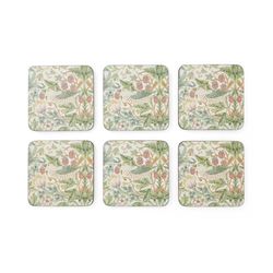 Strawberry Thief Coasters - Set of 6, 10.5 x 10.5 cm, Green