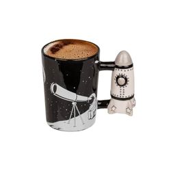 Avilia Ruimte-decoratie thee of koffiemok - raket handvat mok, keramiek, 14x12cm, 280ml, zwart en wit