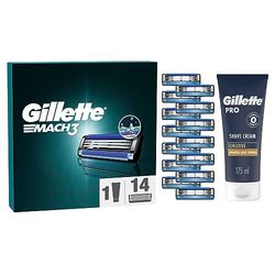 Gillette Mach3 Regime Set Men, Pack of 14 Razor Blade Refills with Precision Trimmer and Gillette PRO Shaving Cream