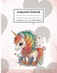 Composition Notebook: Pink Heart Unicorn Theme, 100 Sheets, 8.5 x 11-inch, Wide Ruled