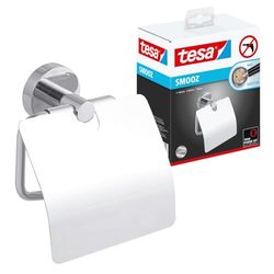 tesa Portarrollos con Tapa para Papel Higiénico Smooz, Portarrollo para Papel Higiénico de Metal Cromado para Baños, Incluye Solución Adhesiva de Montaje